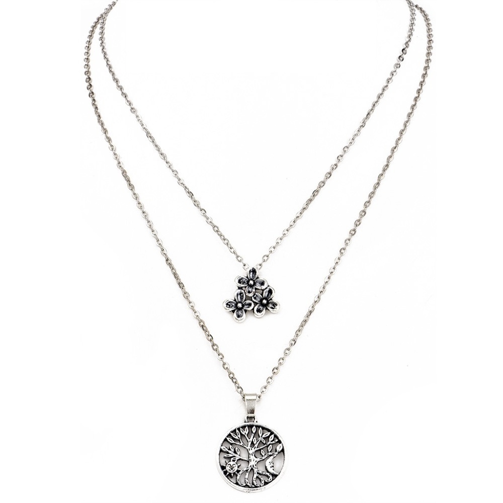 *AIKATERINE* Silver Flower x Tree Layered Necklace
